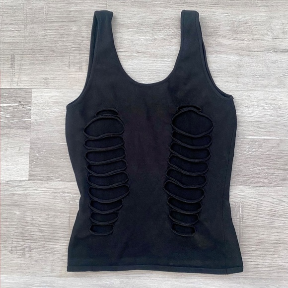 Vintage Y2K 2000s Gianni Versace Slashed Cutout Black Stretch Knit Tank Top - Picture 1 of 5